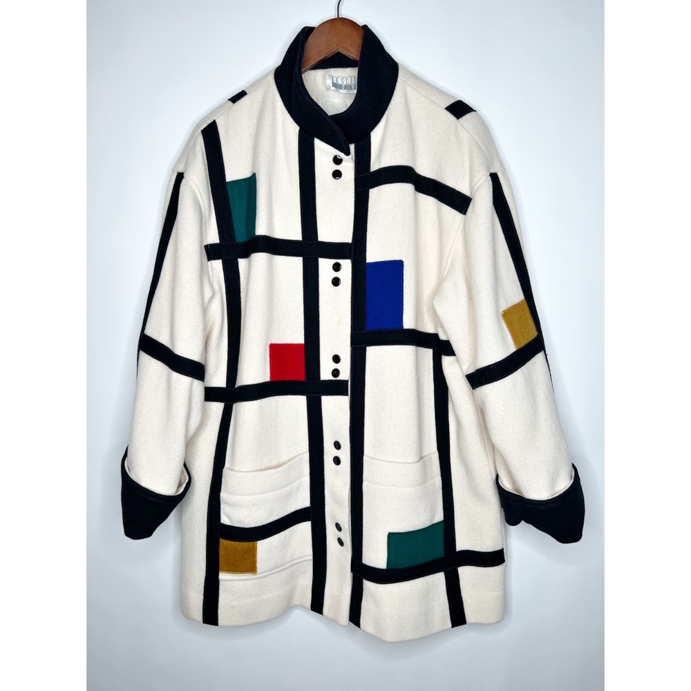 Vintage Mondrian Style Coat Leslie Fay Colorful Wool Colorblock 80s Size Large